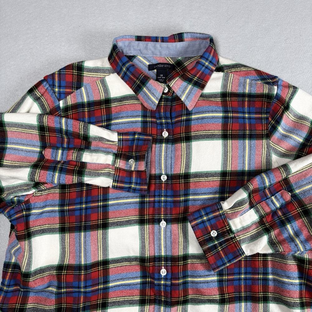 Lands' End Women's 1X Ivory Plaid Flannel Button Down Shirt